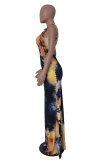 Серое модное уличное серое для взрослых темно-синее платье-карандаш без рукавов с круглым вырезом и принтом в пол, лоскутное платье с завязками и красками, ажурные платья