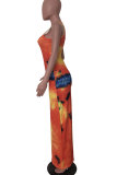 Оранжевое модное платье-футляр без рукавов с круглым вырезом и платьем-карандашом до щиколотки с принтом в стиле пэчворк Платья с галстуком и краской