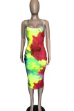 Green Fashion Sexy Green multicolor Off The Shoulder Sleeveless Slip Pencil Dress Mid-Calf backless Tie and dye Dresses
