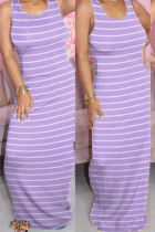 紫のミルク。 ファッション ストリート ホワイト イエロー ライトブルー パープル タンク ノースリーブ O ネック ペンシル ドレス マキシレングス ストライプ ドレス