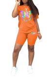 Oranje Mode Casual tweedelige pakken voor volwassenen met patchworkprint Rechte tweedelige pakken met korte mouwen