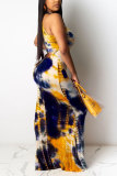 Dark Blue Fashion adult Street Grey Dark Blue Off The Shoulder Sleeveless O neck Pencil Dress Floor-Length Print Patchwork Tie and dye hollow out Dresses