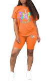 Arancione Moda Casual per adulti Patchwork Stampa Abiti a due pezzi Manica corta dritta in due pezzi