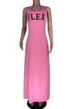 ピンクファッション大人 OL ピンクオレンジ蛍光グリーンタンクノースリーブ O ネックスワッガー床長さのプリントパッチワークキャラクタードレス