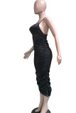 黒のファッションセクシーな白黒青スパゲッティストラップノースリーブスリップペンシルドレスミッドふくらはぎ固体バックレス非対称ドレス