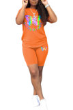 Oranje Mode Casual tweedelige pakken voor volwassenen met patchworkprint Rechte tweedelige pakken met korte mouwen