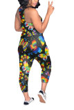 Grijze mode straatprint patchwork holle mouwloze slip-jumpsuits
