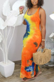 Оранжевое модное платье-футляр без рукавов с круглым вырезом и платьем-карандашом до щиколотки с принтом в стиле пэчворк Платья с галстуком и краской