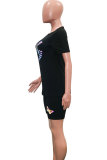 Zwarte mode Casual tweedelige pakken voor volwassenen met patchworkprint Rechte tweedelige pakken met korte mouwen