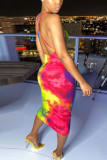 Green Fashion Sexy Green multicolor Off The Shoulder Sleeveless Slip Pencil Dress Mid-Calf backless Tie and dye Dresses