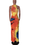 Green Fashion Tank Sleeveless O neck Pencil Dress Ankle-Length Print Patchwork Tie and dye Dresses