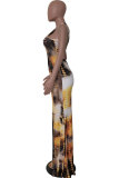 ダークブルーファッション大人のストリートグレーダークブルーオフショルダーノースリーブOネックペンシルドレス床長さのプリントパッチワークネクタイと染料の中空アウトドレス