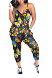 Grijze mode straatprint patchwork holle mouwloze slip-jumpsuits