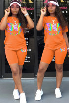 オレンジ ファッション カジュアル 大人 パッチワーク プリント ツーピース スーツ ストレート 半袖 ツーピース