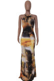 Grey Fashion adult Street Grey Dark Blue Off The Shoulder Sleeveless O neck Pencil Dress Floor-Length Print Patchwork Tie and dye hollow out Dresses