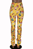 Yellow White Yellow Light Purple Button Fly High Patchwork Print Character Draped Boot Cut Pants Bottoms