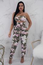 Pink Fashion Two Piece Suits asymmetrical Camouflage crop top Bandage Regular Two-piece Pants