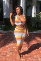 Orange Fashion Sexy crop top Slim fit Two Piece Suits asymmetrical Striped Skinny Sleeveless Two