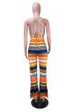 Green Fashion adult Sexy backless Print crop top Striped Two Piece Suits Boot Cut Sleeveless Tw