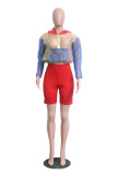 Red Long Sleeve Mid Patchwork pencil shorts Two-piece suit