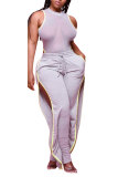 Grey Fashion Sexy adult O Neck Patchwork Solid Mesh Split perspective Bandage Two Piece Suits Stitching Plus Size