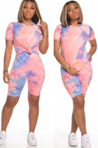 Pink Fashion Street Print Tie Dye Two Piece Suits Straight Short Sleeve Two Pieces T-shirts Tops And Shorts Set