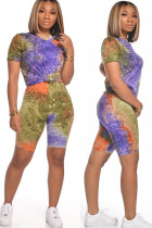 Purple and green Fashion Street Print Tie Dye Two Piece Suits Straight Short Sleeve Two Pieces