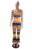 Orange Fashion adult Sexy backless Print crop top Striped Two Piece Suits Boot Cut Sleeveless Tw