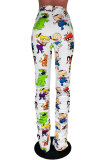 White Yellow Light Purple Button Fly High Patchwork Print Character Draped Boot Cut Pants Bottoms