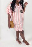 Black Fashion adult Lightly cooked Black Pink Yellow Cap Sleeve Short Sleeves V Neck A leaf skirt Knee-Length Striped Print Patchwork Leopard ruffle Pocket fastener Dresses