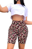 Leopard print Fashion Casual Print Two Piece Suits Straight Short Sleeve Two Pieces