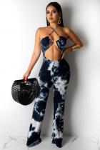 Navy Blue Fashion Sexy Tie-dyed Asymmetrical Hollow Polyester Sleeveless Asymmetrical Collar  Jumpsuits