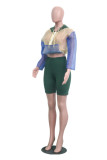 Green Long Sleeve Mid Patchwork pencil shorts Two-piece suit