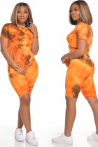 Orange Fashion Street Print Tie Dye Two Piece Suits Straight Short Sleeve Two Pieces
