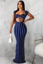 Marinblå Sexig mode Solid Slim fit Randig vanlig ärmlös tvådelad klänning