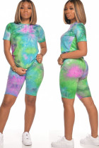 Green Fashion Street Print Tie Dye Two Piece Suits Straight Short Sleeve Two Pieces T-shirts Tops And Shorts Set