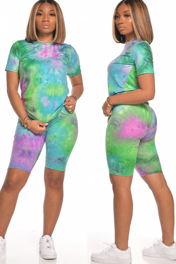 Green Fashion Street Print Tie Dye Two Piece Suits Straight Short Sleeve Two Pieces