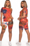 Blue Fashion Street Print Tie Dye Two Piece Suits Straight Short Sleeve Two Pieces T-shirts Tops And Shorts Set