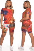 Red Fashion Street Print Tie Dye Two Piece Suits Straight Short Sleeve Two Pieces T-shirts Tops And Shorts Set