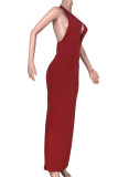 Wine Red Fashion OL Solide rückenfreie Kleider mit V-Ausschnitt und Stufenrock