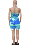 Cyan Fashion Sexy Print Patchwork Tie-dyed Chiffon Sleeveless Hanging neck Rompers