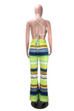 Green Fashion adult Sexy backless Print crop top Striped Two Piece Suits Boot Cut Sleeveless Tw
