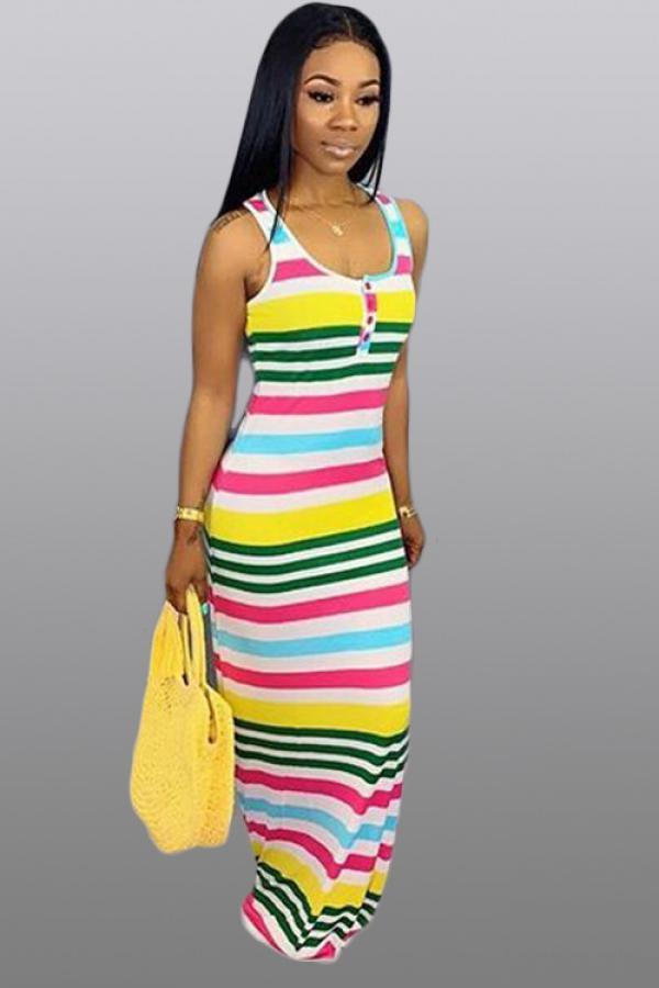 multicolor Sexy Tank Sleeveless O neck Step Skirt Floor-Length Print Club Dresses