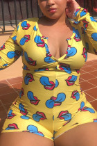 Yellow Polyester Fashion Sexy O Neck Print Button Plus Size 