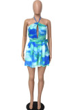 Cyan Fashion Sexy Print Patchwork Tie-dyed Chiffon Sleeveless Hanging neck Rompers
