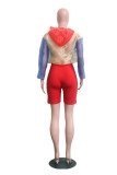 Red Long Sleeve Mid Patchwork pencil shorts Two-piece suit