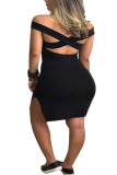 Grey Fashion Sexy Black Grey Off The Shoulder Sleeveless One word collar Pencil Dress Knee-Length Solid backless Dresses