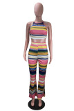 Pink Fashion adult Sexy backless Print crop top Striped Two Piece Suits Boot Cut Sleeveless Tw