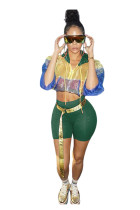 Green Long Sleeve Mid Patchwork pencil shorts Two-piece suit