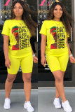 Yellow Fashion adult Street Letter Patchwork Print Two Piece Suits Straight Short Sleeve Two Pieces